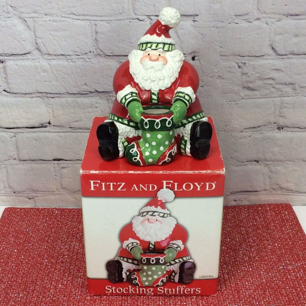 Fitz and Floyd Christmas Stocking Stuffers Lidded Santa Box 2007 Holidays Candy